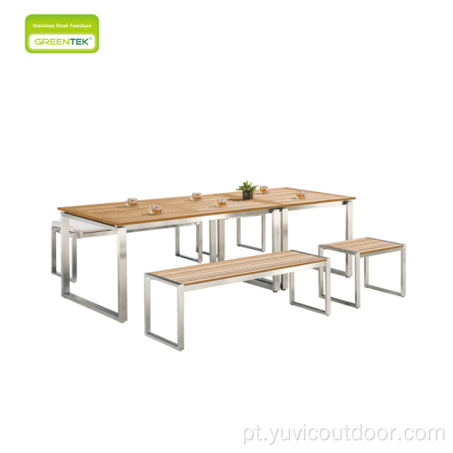Mesa de jantar de tela de teca de quadro de aço inoxidável simples